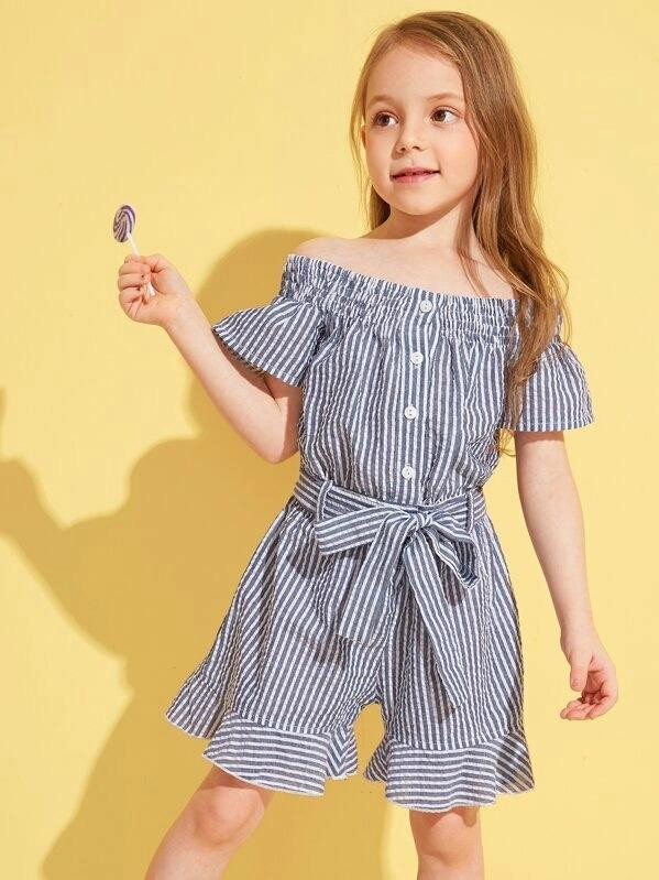 Toddler Girls Striped Button Front Belted Ruffle Hem Bardot Playsuit