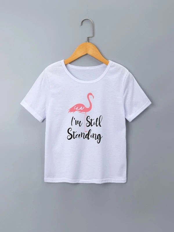 Girls Slogan & Flamingo Print Tee