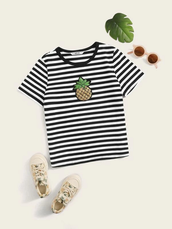 Girls Sequin Patched Detail Striped Tee