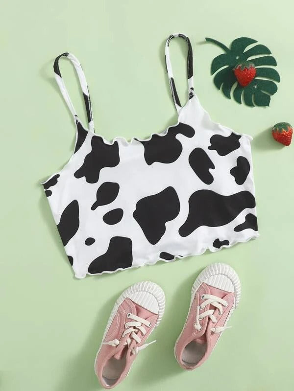 Girls Lettuce Trim Cow Print Crop Cami Top