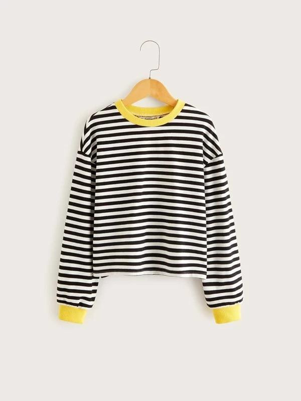 Girls Contrast Neck And Cuff Striped Top