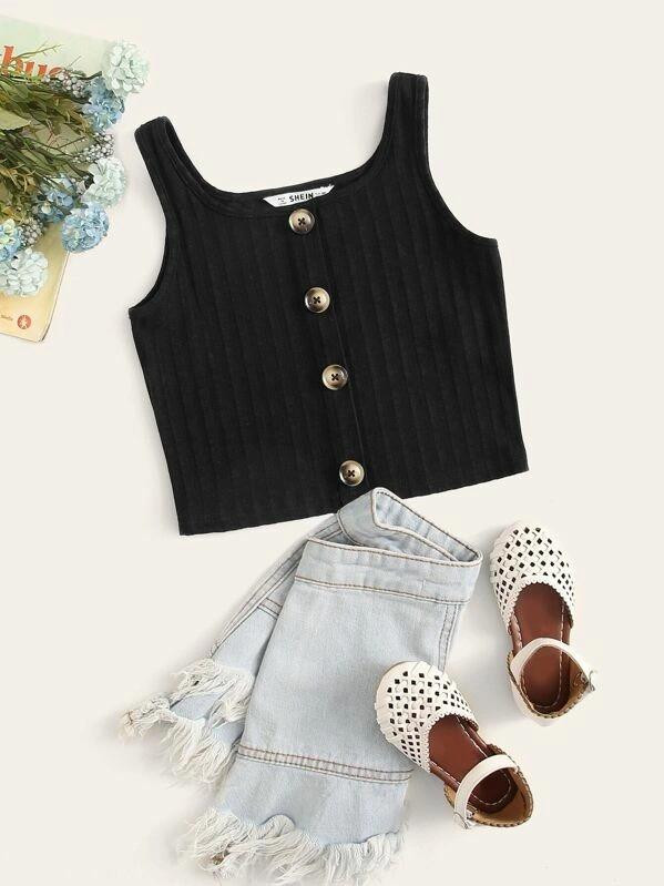 Girls Buttoned Front Rib-Knit Tank Top
