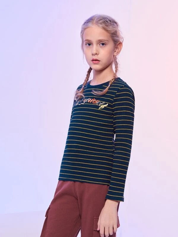 Girls Letter Embroidered Striped Tee