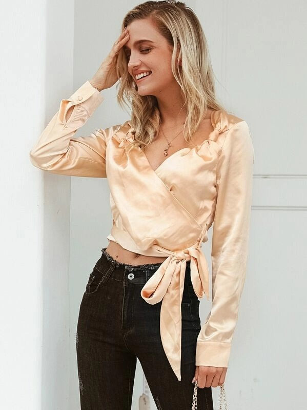 Women Simplee Solid Wrap Knotted Belt Satin Blouse