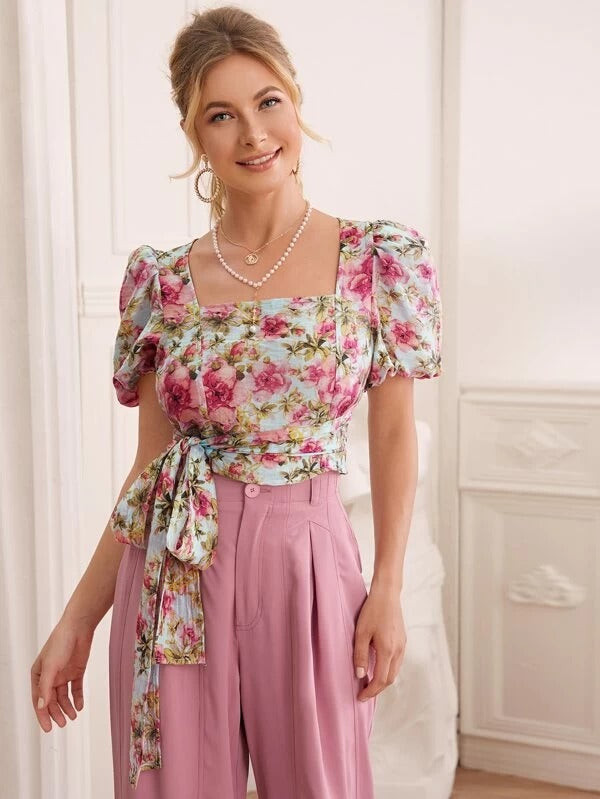 Women Puff Sleeve Floral Print Belted Top