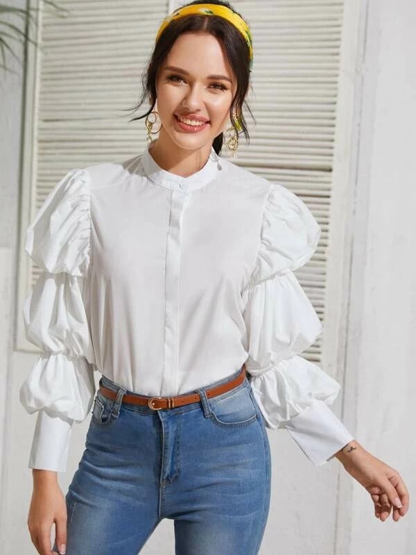 Women Solid Bishop Sleeve Button Up Blouse