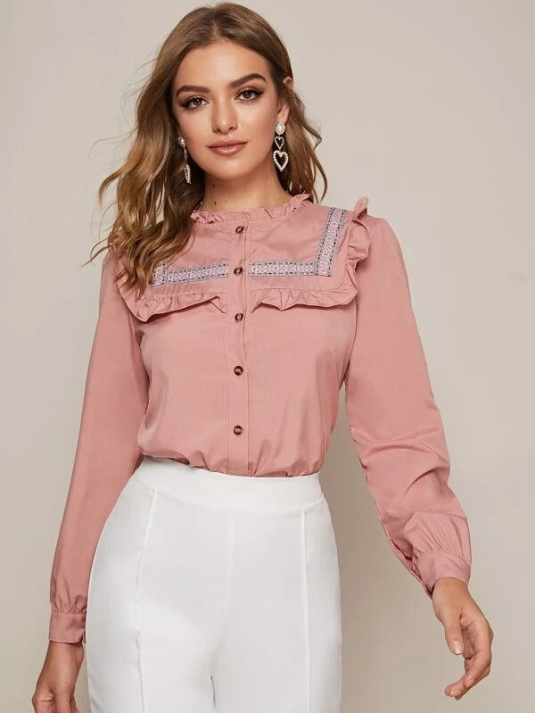 Women Embroidered Tape Panel Ruffle Trim Button Front Blouse