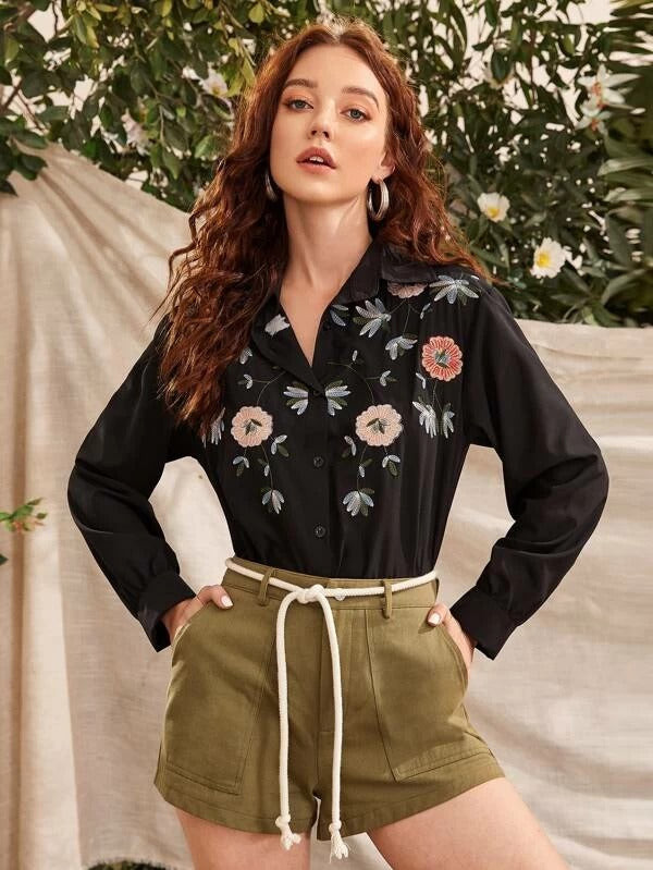 Women Floral Embroidered Button Up Blouse