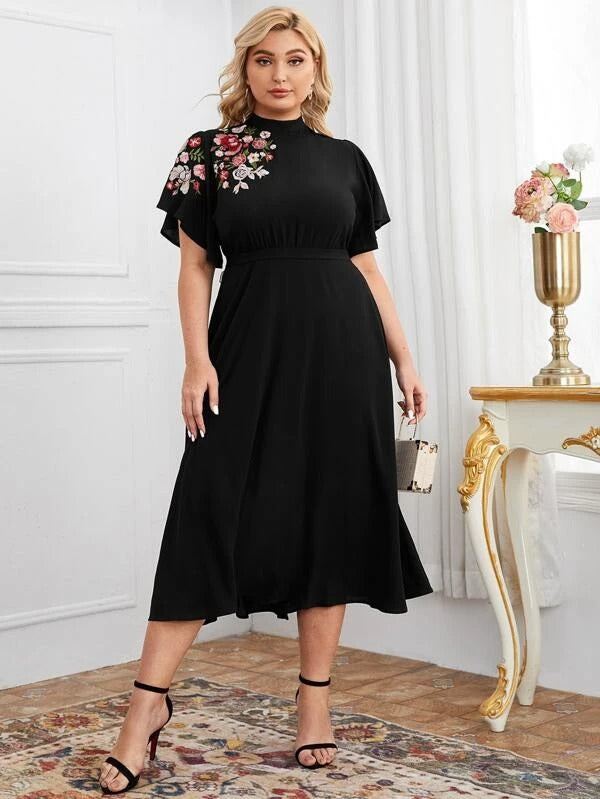 Women Plus Bell Sleeve Floral Embroidered Belted Dress