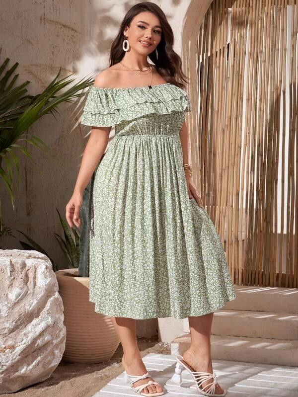 Women Plus Size Off Shoulder Layered Ruffle Ditsy Floral Dress