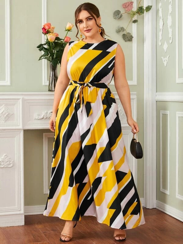 Women Plus Color Block Geo Belted Maxi Dress