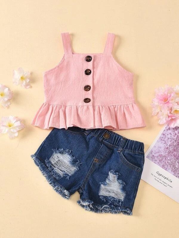 Toddler Girls Button Up Peplum Top With Ripped Denim Shorts