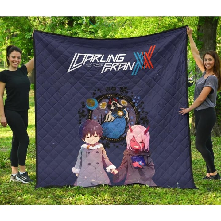 Darling In The Franxx Anime Premium Quilt | Cute Little Hiro And Red Zero Two Holding Hands Zodiac Artwork Quilt Blanket GENZ2602