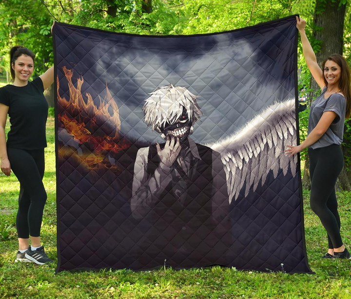 Tokyo Ghoul Anime Premium Quilt - Ken Kaneki Death Angel Flaming Black And White Wings Quilt Blanket