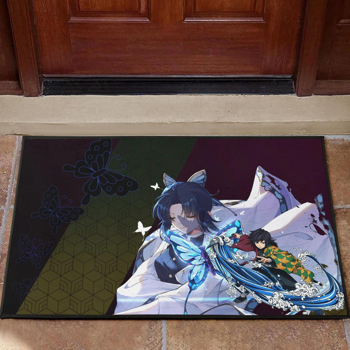 Demon Slayer Anime Door Mat - Pretty Shinobu Butterflies With Giyuu Wave Door Mat Home Decor