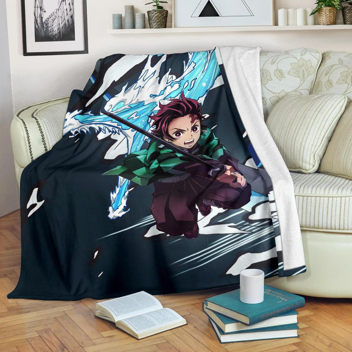 Demon Slayer Anime Fleece Blankets | Tanjiro Water Dragon Power Sword Fighting Fleece Blanket GENZ0103