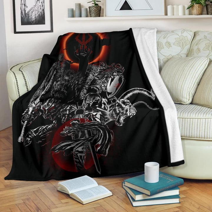 Berserk Anime Fleece Blankets - Main Characters Dark Black Sun Artwork Fleece Blanket