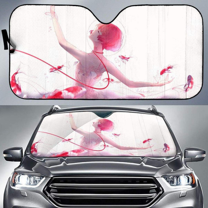 Anime Girl Ballet Dancer Fishes Pink Koi Fishes K Car Sun Shade Universal Fit