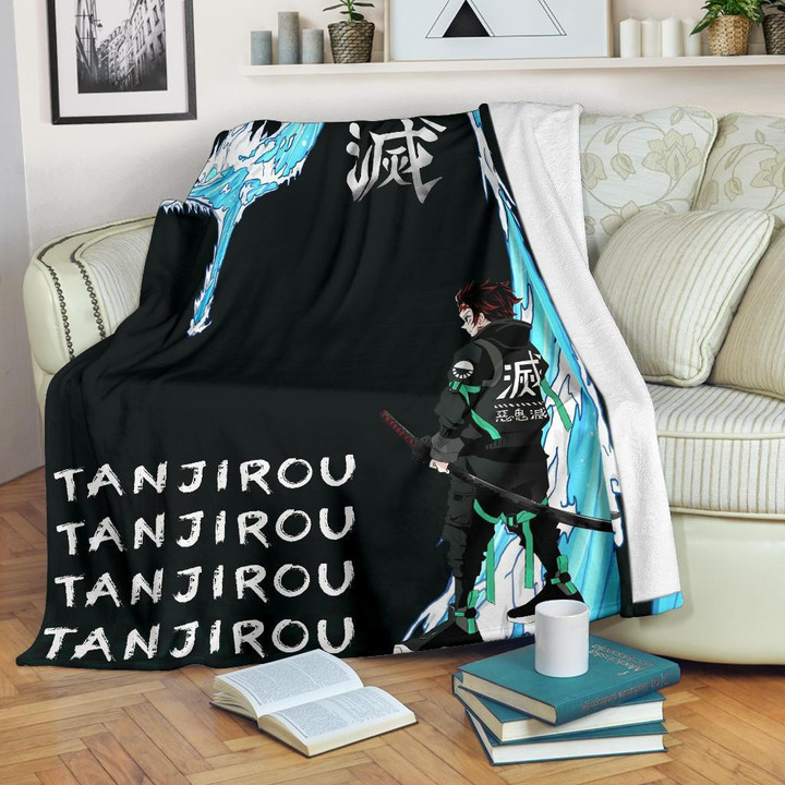 Demon Slayer Anime Fleece Blankets | Tanjiro Kanji Water Dragon Power Power Black Fleece Blanket GENZ0602