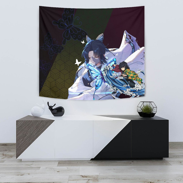Demon Slayer Anime Tapestry - Pretty Shinobu Butterflies With Giyuu Wave Tapestry Home Decor