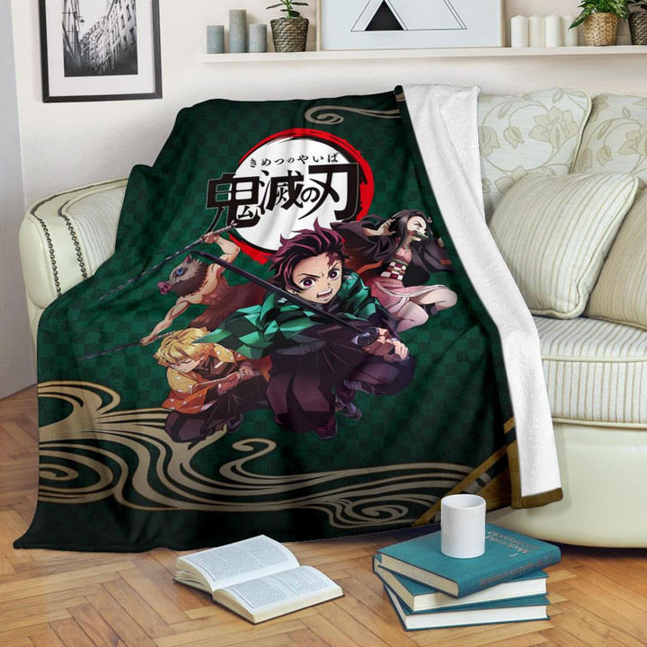 Demon Slayer Anime Fleece Blankets | Main Characters Tanjiro Nezuko Zenitsu And Inosuke Fighting Fleece Blanket GENZ0101