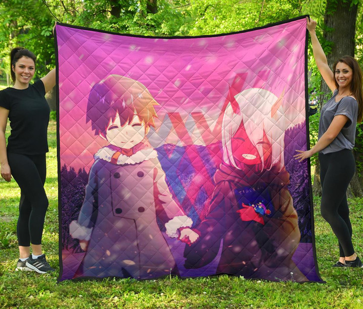 Darling In The Franxx Anime Premium Quilt - Cute Little Zero Two And Hiro Holding Hands Quilt Blanket