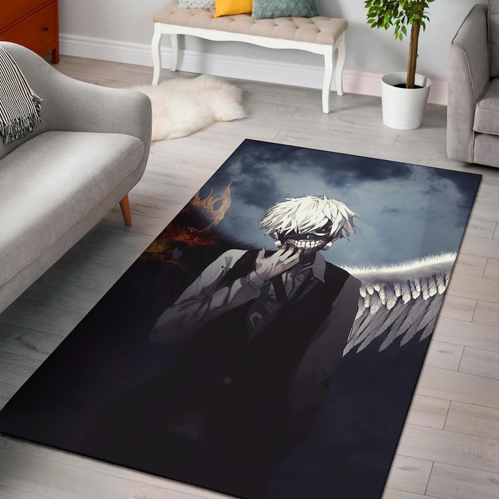 Tokyo Ghoul Anime Area Rug - Ken Kaneki Death Angel Flaming Black And White Wings Rugs Home Decor