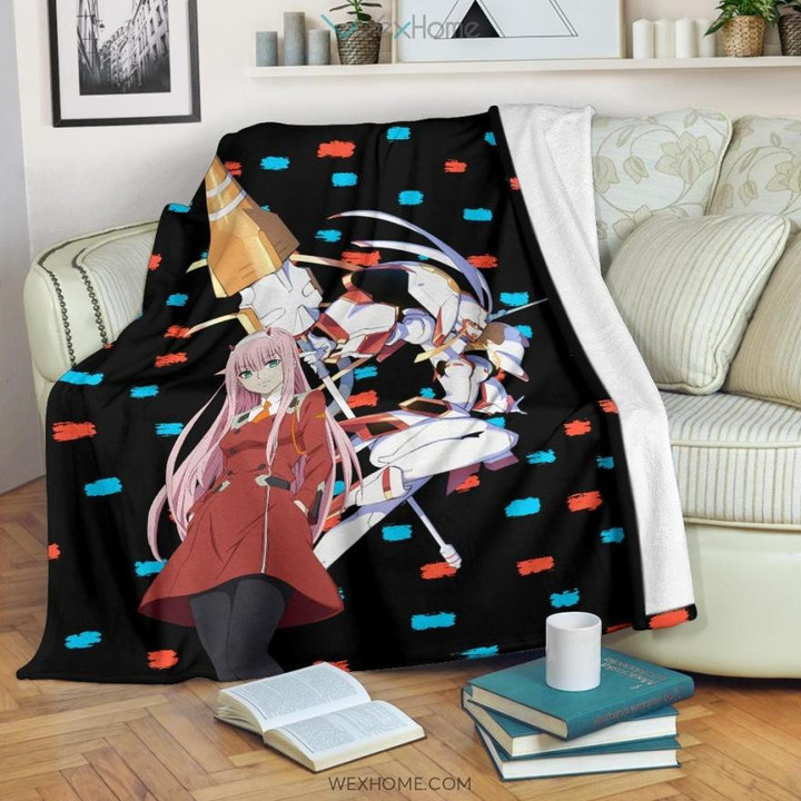 Darling In The Franxx Anime Fleece Blankets | Zero Two With Darling Strelitzia Blue And Red Patterns Fleece Blanket GENZ2604