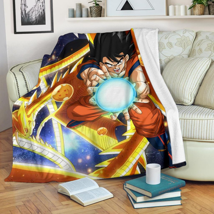 Dragon Ball Anime Fleece Blankets | DB Goku Fighting With Golden Shenron Dragon Fleece Blanket GENZ0801