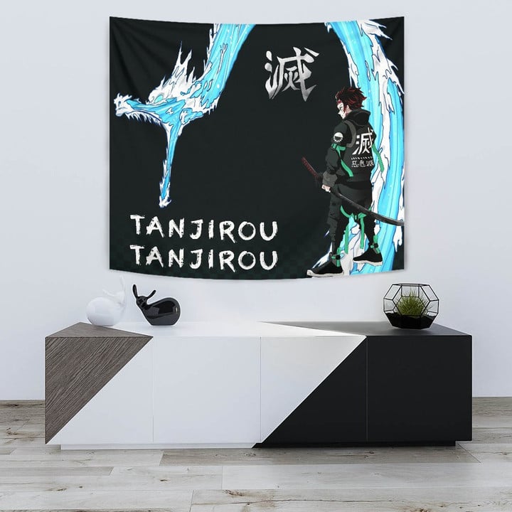 Demon Slayer Anime Tapestry | Tanjiro Kanji Water Dragon Power Power Black Tapestry Home Decor GENZ0602