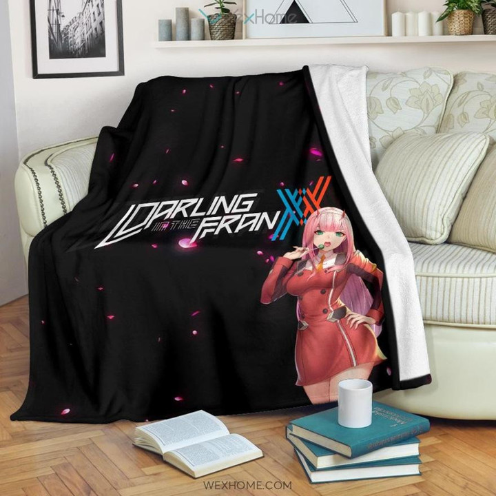 Darling In The Franxx Anime Fleece Blankets | Sexy Zero Two Eating Candy Cherry Blossom Fleece Blanket GENZ2603