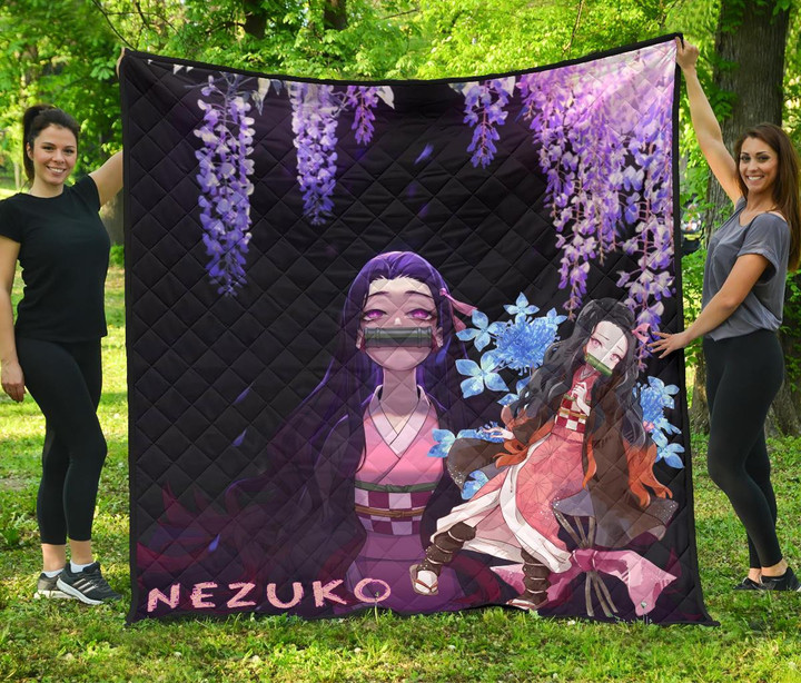 Demon Slayer Anime Premium Quilt | Pretty Nezuko Kamado Purple Flower Theme Quilt Blanket GENZ0601