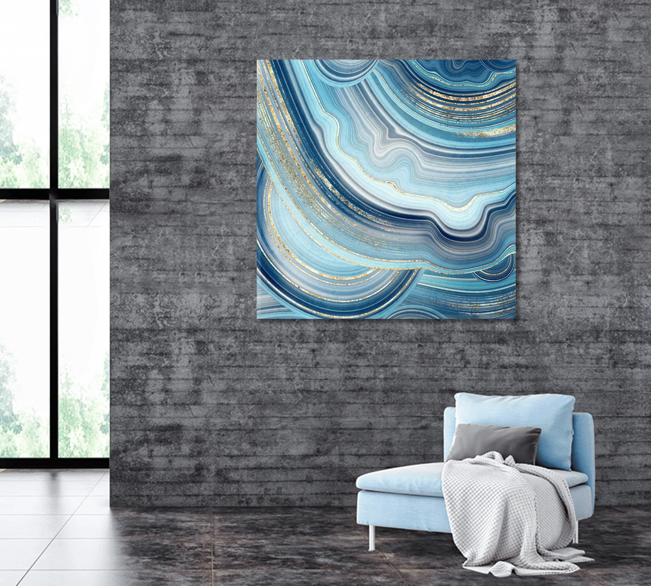 Abstract Blue Agate with Gold Veins Canvas Wall Art Decor