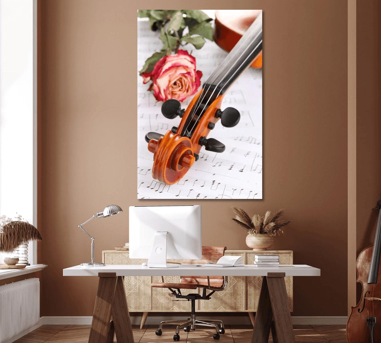 Violin with Dry Rose on Notes Canvas Wall Art Decor