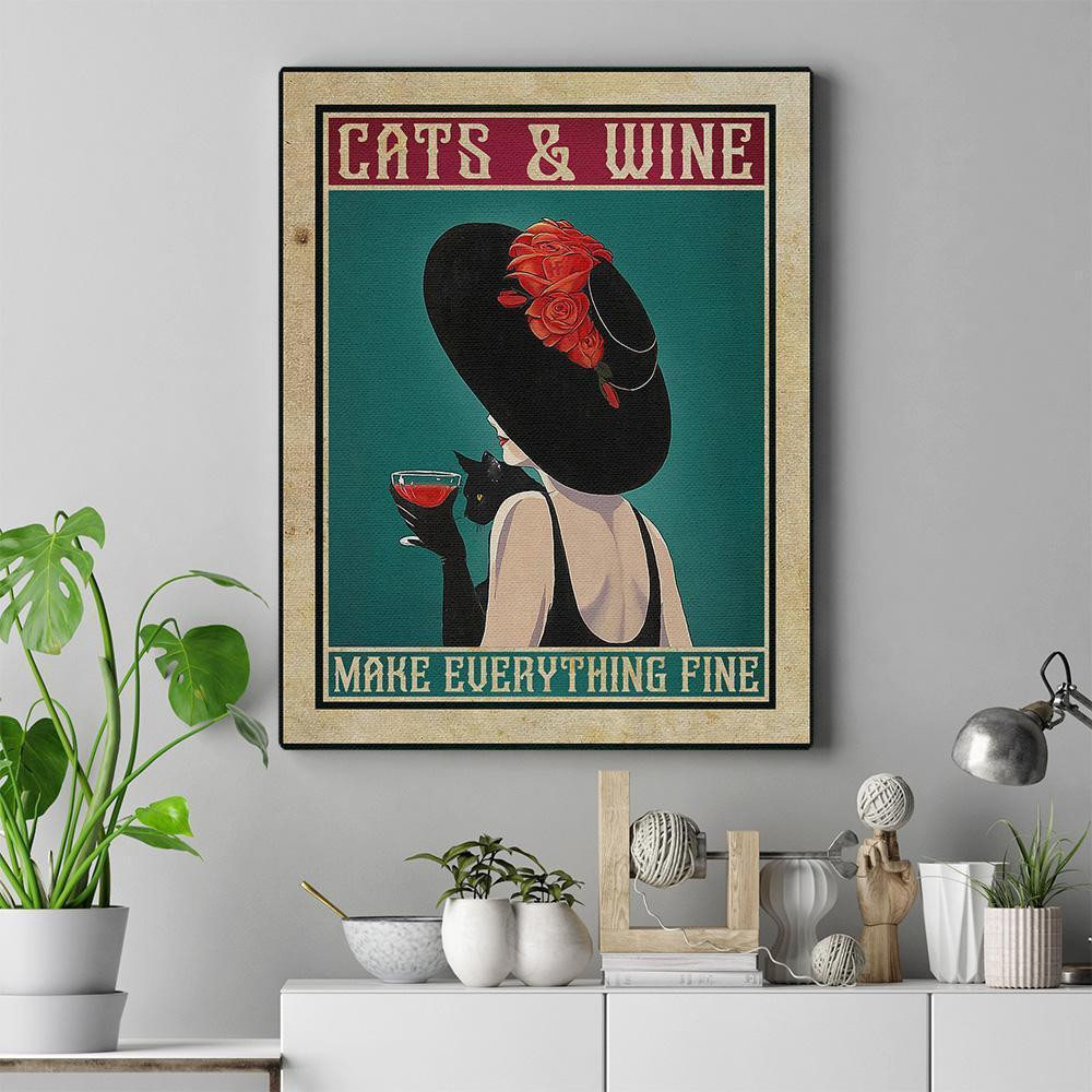 Funny animal canvas art, Cats And Wine Make Everything Fine Canvas, Animal canvas paintings