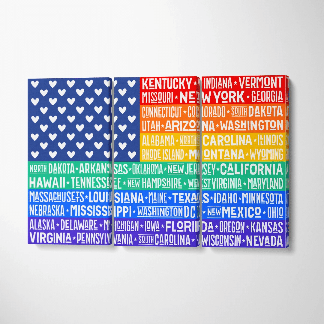 Rainbow United States of America Flag with States Canvas Wall Art Decor
