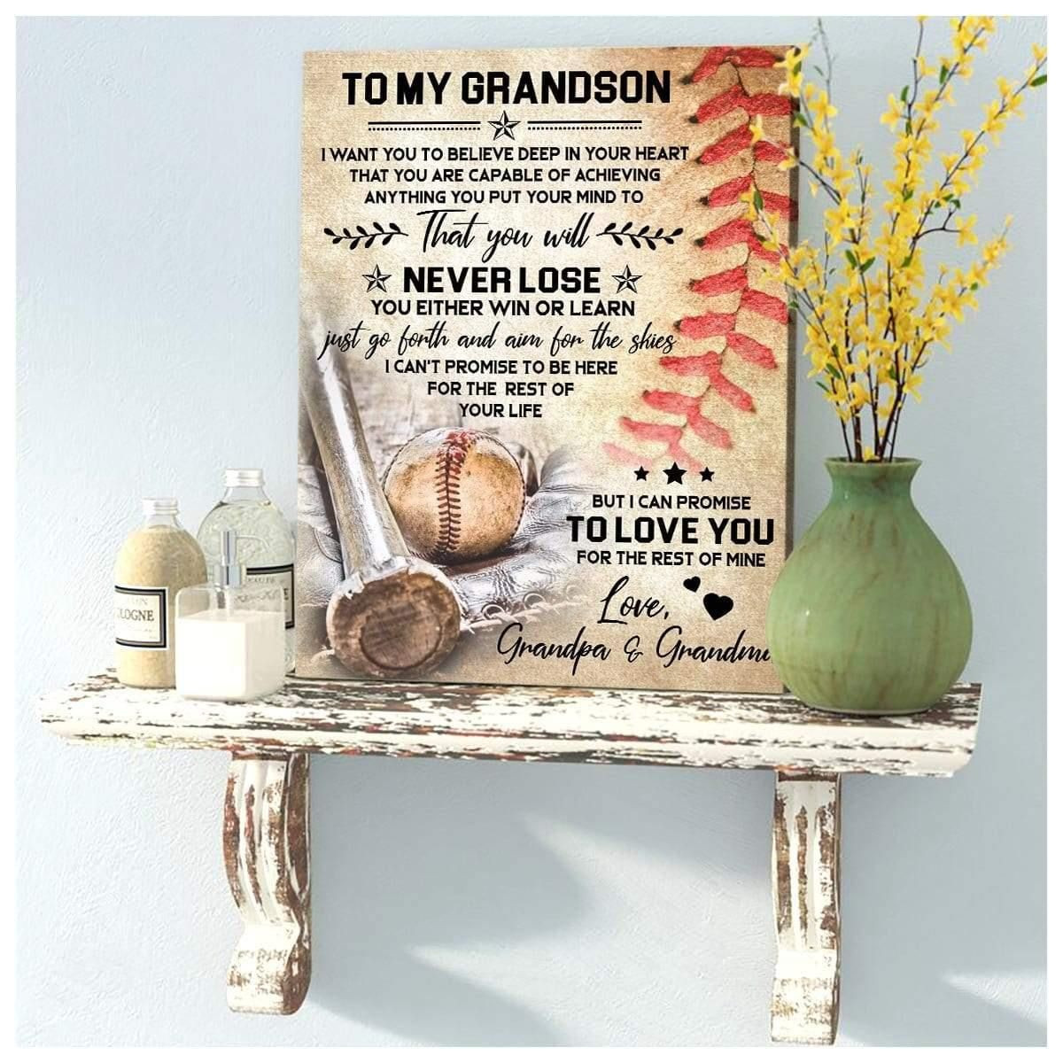 To My Grandson Love Grandpa And Grandma Baseball Wall Art Canvas