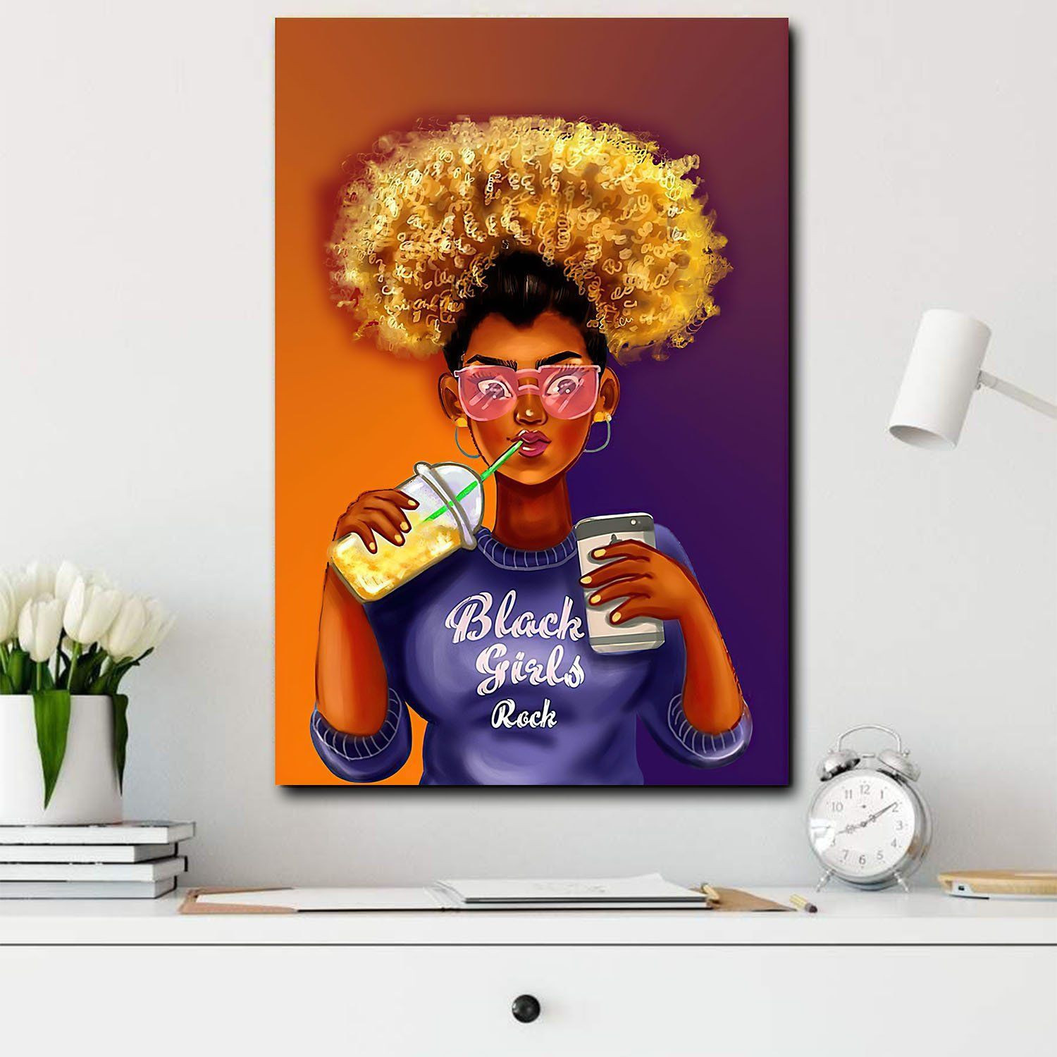 African Canvas Afro Girl Hair Art Black Home Decor