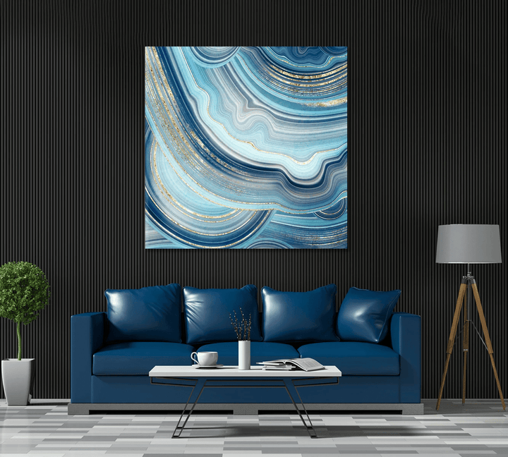 Abstract Blue Agate with Gold Veins Canvas Wall Art Decor