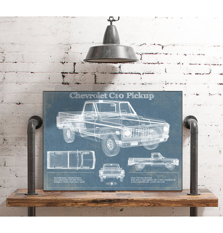 Chevy C10 Pickup 2nd Generation Vintage Blueprint Auto Canvas Wall Art Decor
