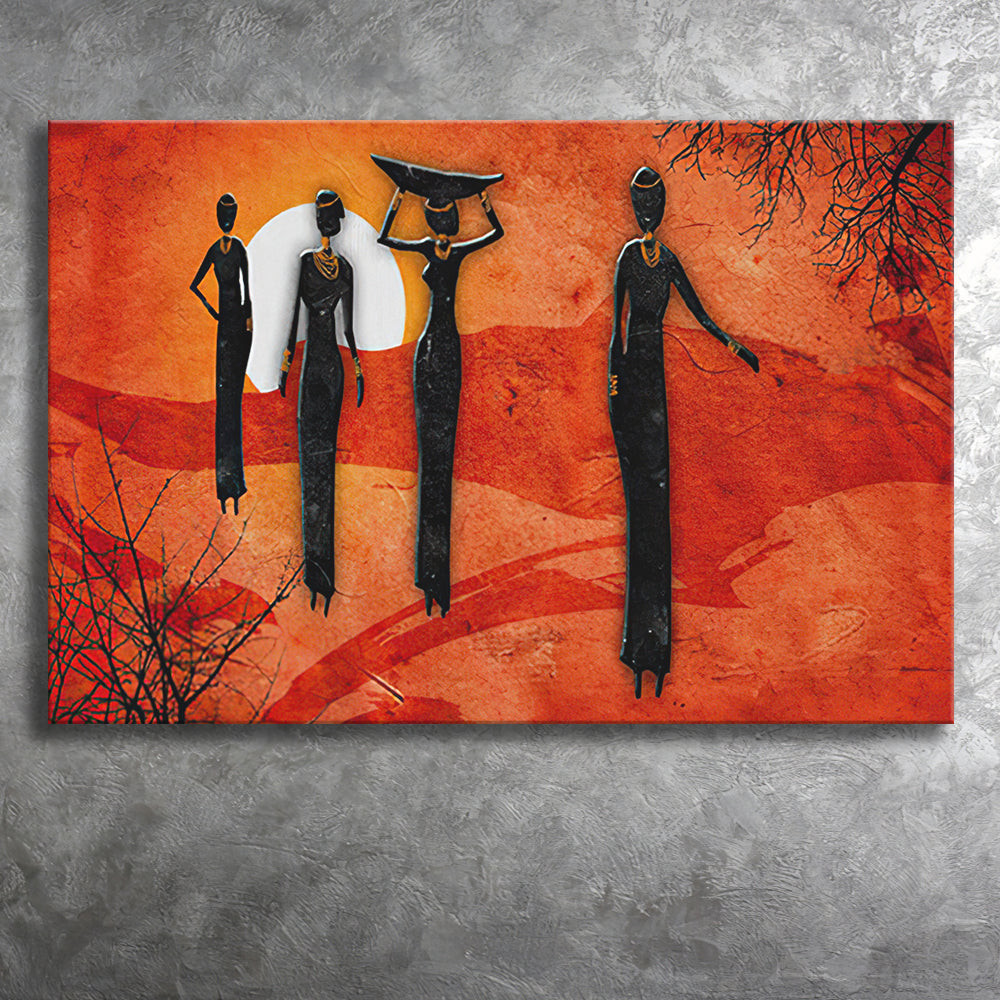 African Ladies on a Sunset Retro Canvas Prints Wall Art - Painting Canvas, African Art, Home Wall Decor, Painting Prints, For Sale
