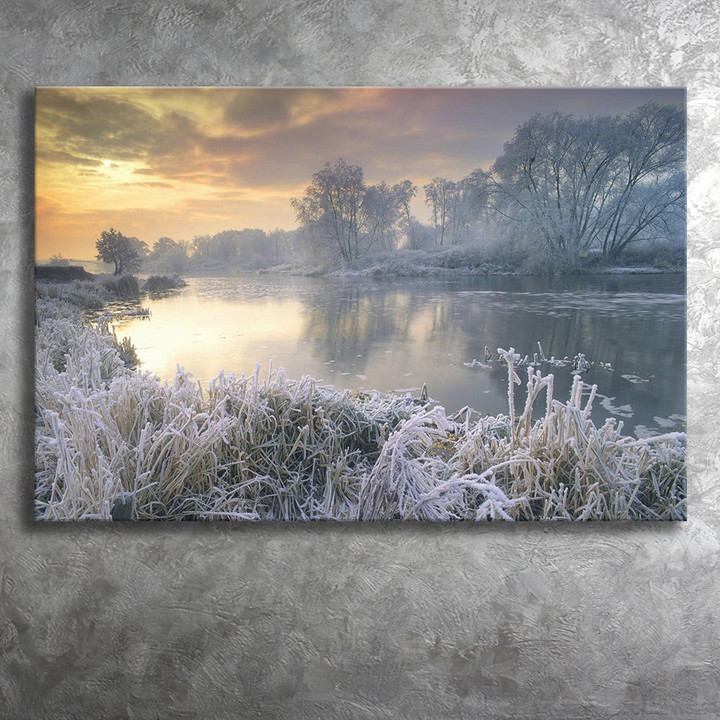 Frosty River W Winter Forest Trees Canvas Prints Wall Art - Painting Canvas, Home Wall Decor, Painting Prints, For Sale