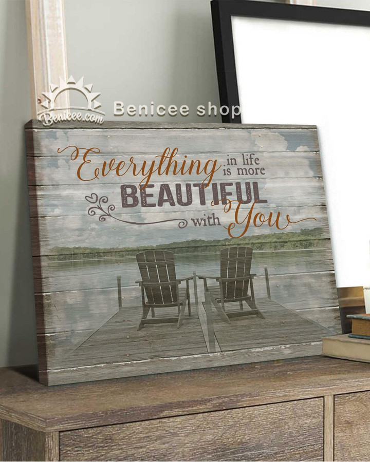 Anniversary Gift, Everything In Life Is More Beautiful With You Wall Art Canvas, Empty Chair, Lake Landscape