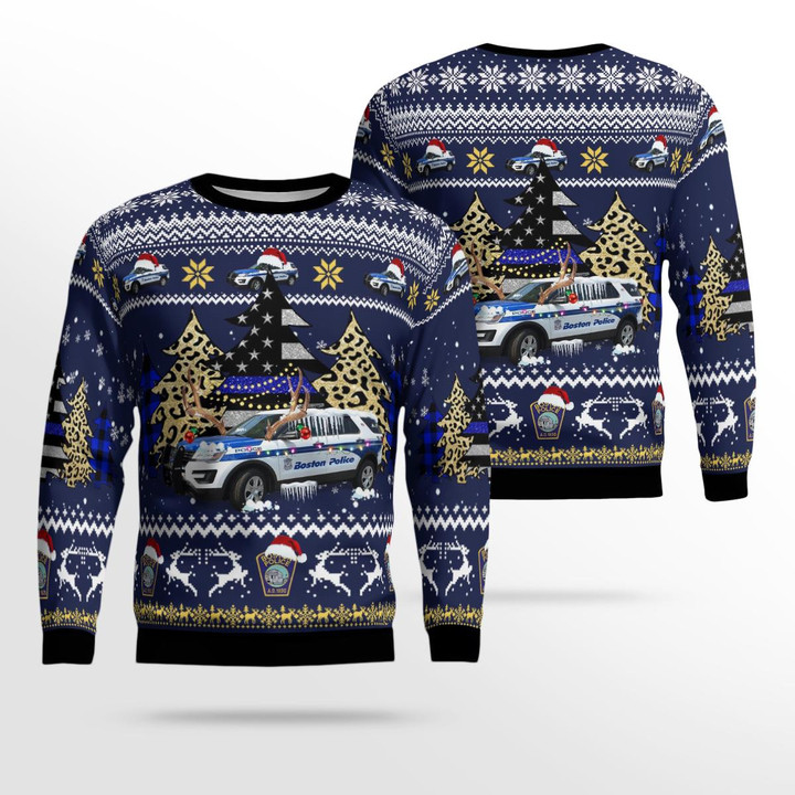 Boston Police Department BPD Ford Police Interceptor Utility Christmas AOP Ugly Sweater NLSI1711BC02