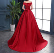 Dark Red Satin Long Evening Dress, Red Off Shoulder Prom Dress