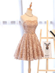 Champange Knee Length Sweetheart Party Dress, Cute Short Prom Dress with Bow