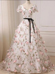 Flowers Ball Gown Long Party Dress, Short Sleeves Prom Dress