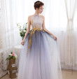 Gradient Halter Tulle Evening Gown with Lace, Long Prom Dress