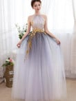 Gradient Halter Tulle Evening Gown with Lace, Long Prom Dress