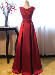 Dark Red Lace and Satin Long Junior Prom Dress, Lace Top Party Dress